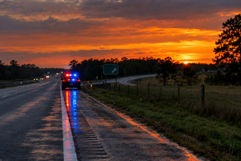 Highway shoulder at dusk with emergency lights