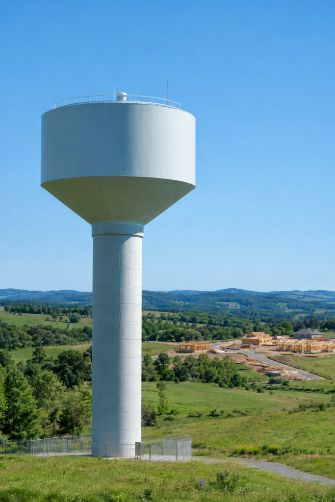 Elevated water tank overlooking rural development