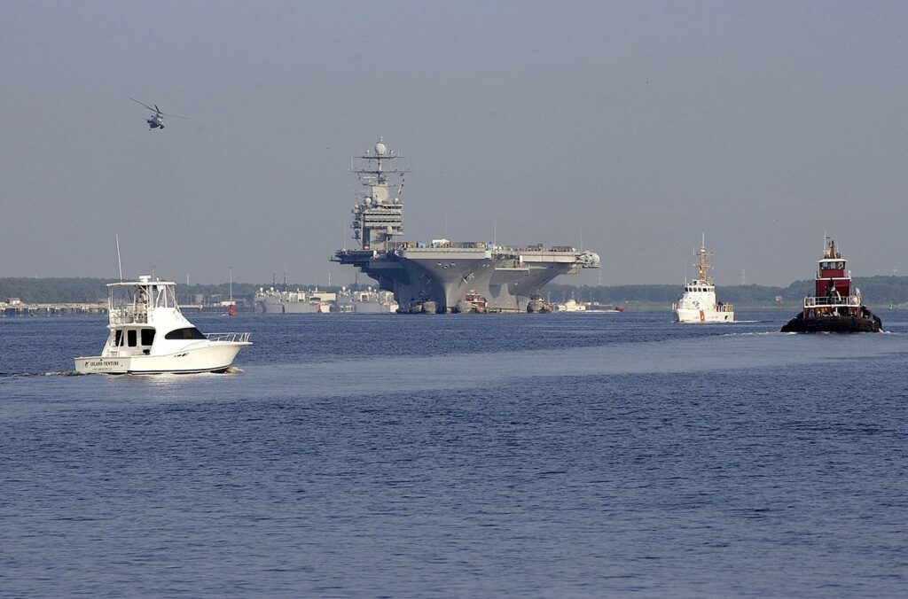 Nuclear-powered aircraft carrier at sea